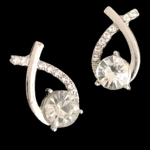 Men’s Iced Out Criss Cross Fishtail Earrings, Cubic Zirconia Crystal Silver Tone - Picture 11 of 11